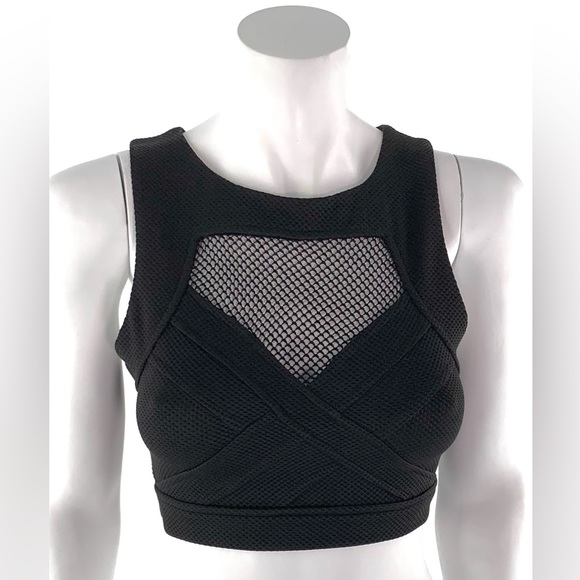 LuLu’s Black Stretch Crop Top Fishnet Panels Back Zip size M - Picture 2 of 11